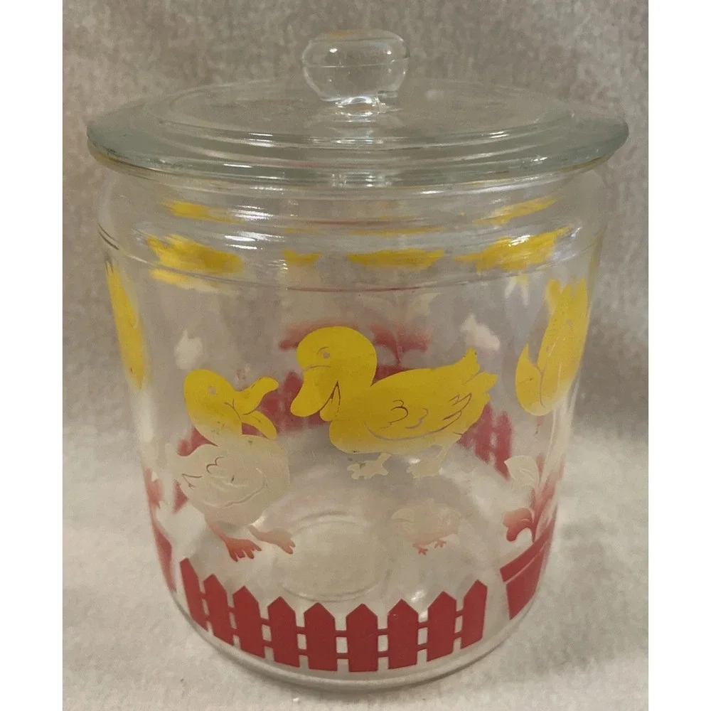 Vintage AH Hazel Atlas Glass Biscuit Jar Canister Bunny Lamb Duck Tulip 1940's